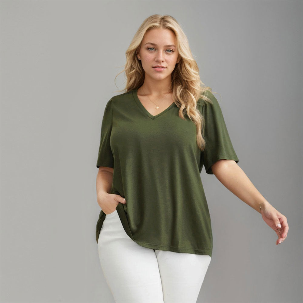 Damen Lässiges V-Ausschnitt T-Shirt mit Seitentaschen und weichem Material EB