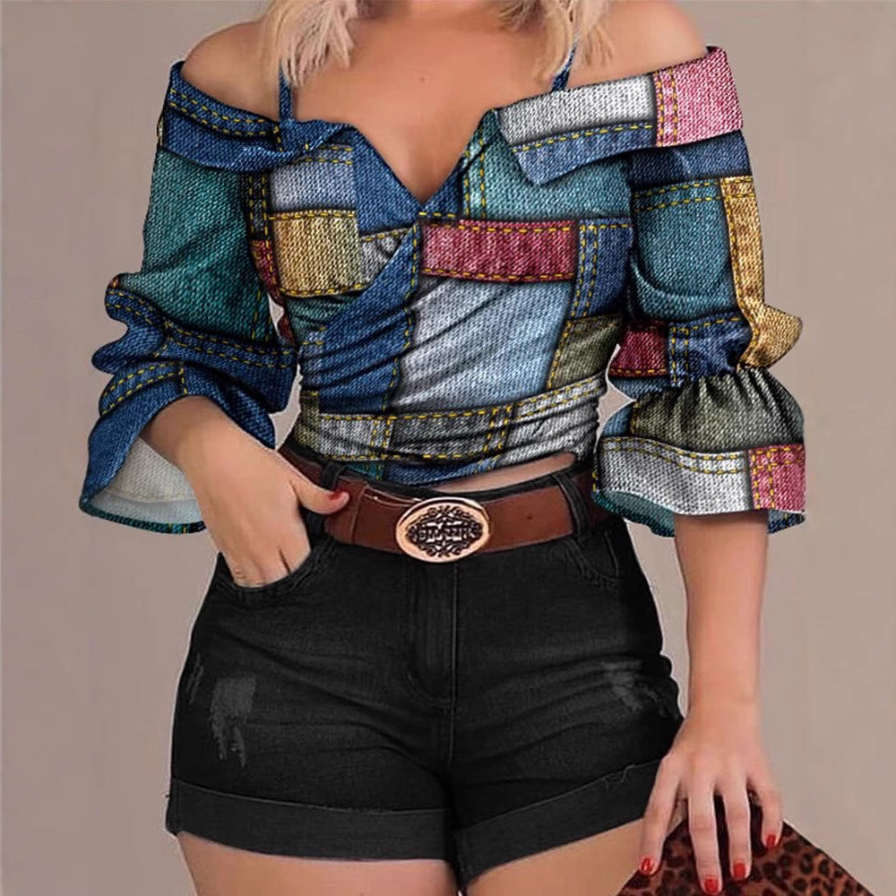 Damen modisches Oberteil mit voluminösen Ärmeln und Patchwork-Design EB