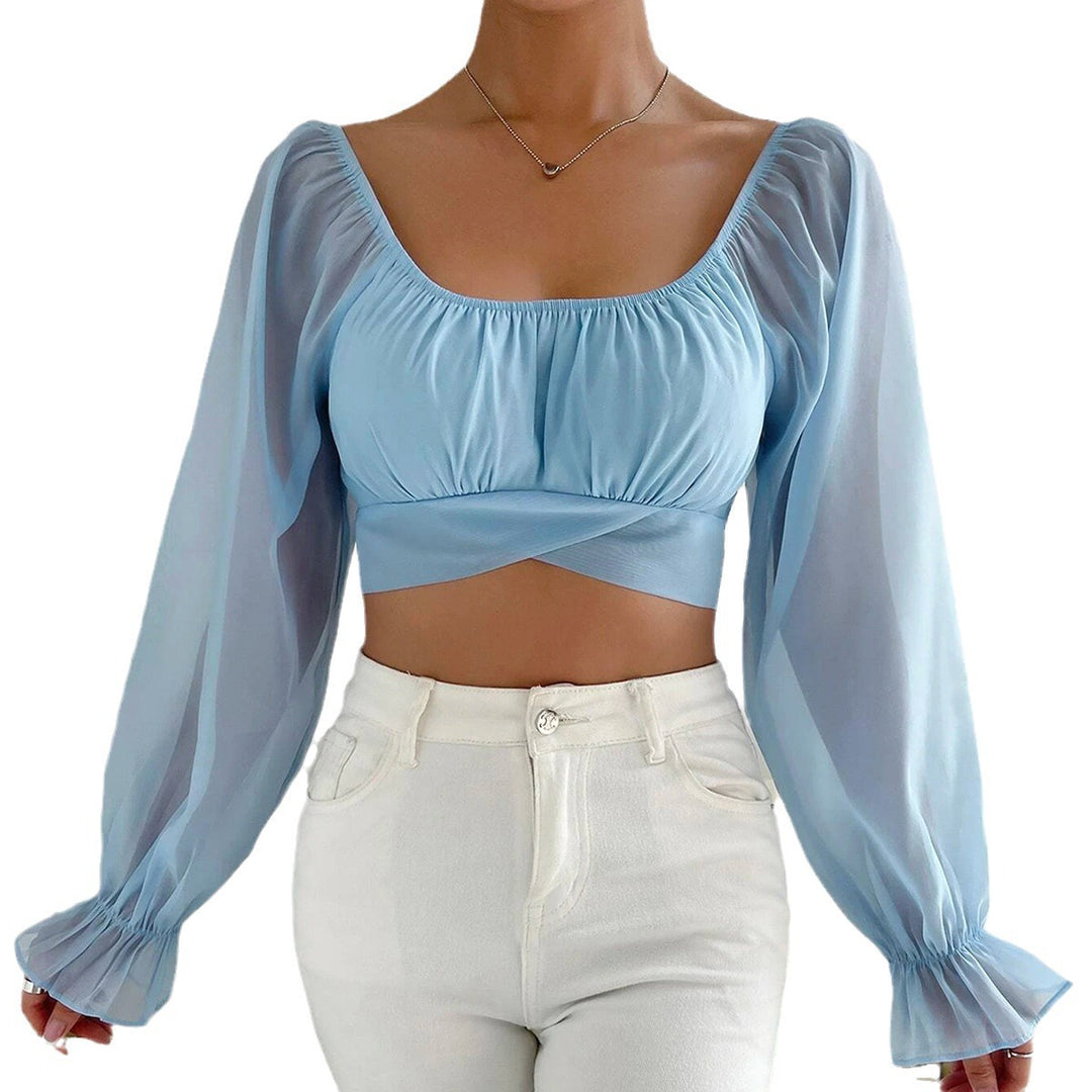 Damen Cropped Bluse mit Puffärmeln und raffiniertem Schnitt EB