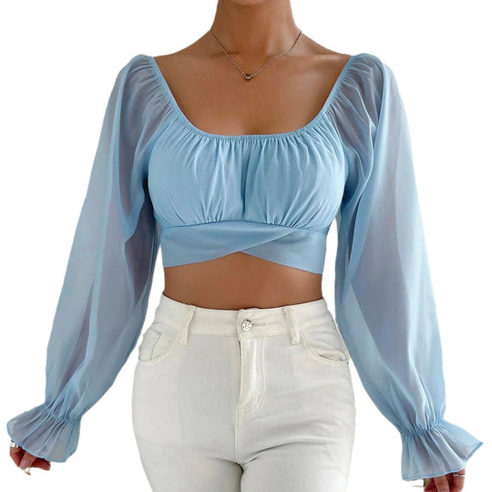 Damen Cropped Bluse mit Puffärmeln und raffiniertem Schnitt EB
