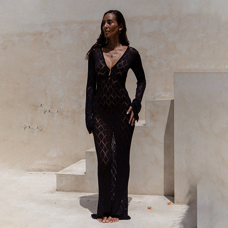 Damen gehäkeltes Maxi-Kleid mit tiefem V-Ausschnitt und weitem Ärmel EB
