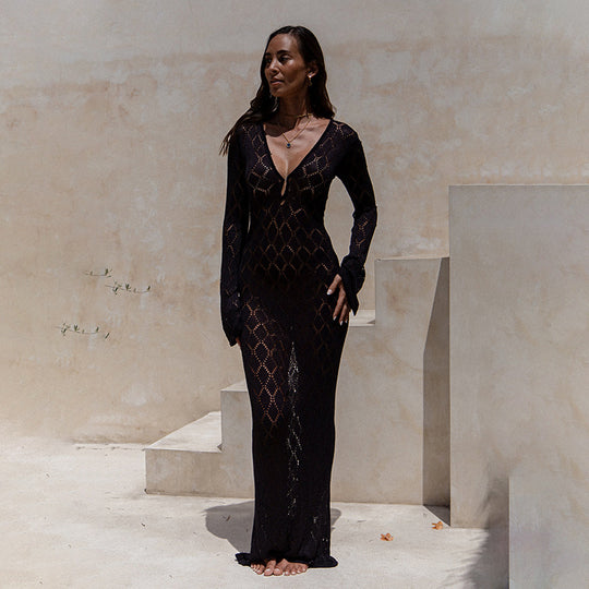 Damen gehäkeltes Maxi-Kleid mit tiefem V-Ausschnitt und weitem Ärmel EB