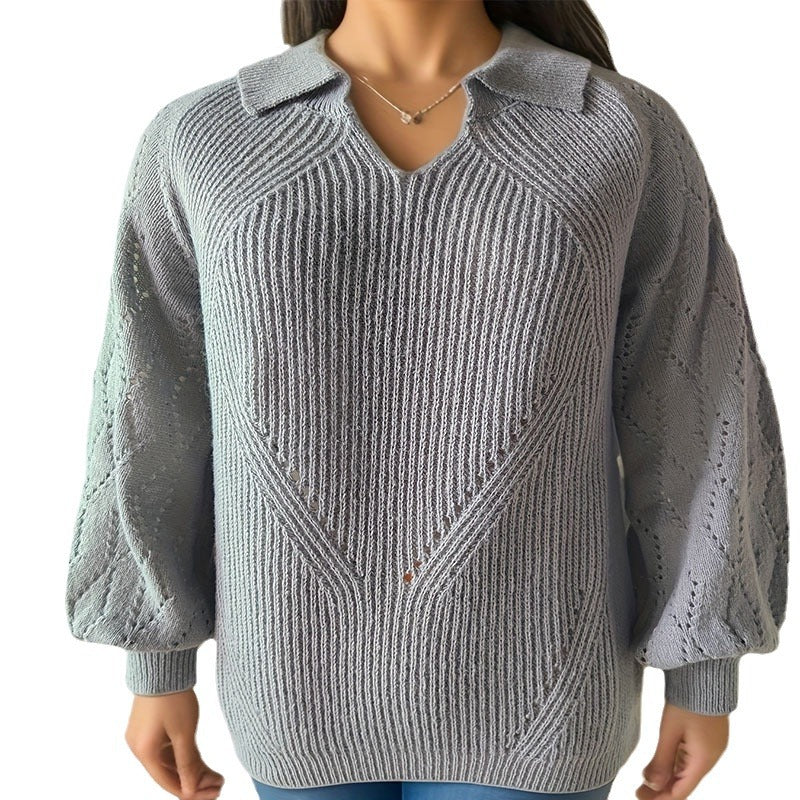 Damen Strickpullover mit V-Ausschnitt und Ballonärmeln EB