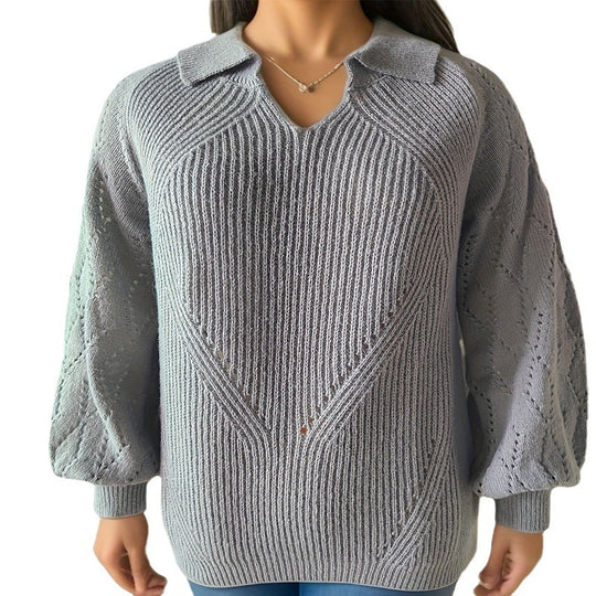 Damen Strickpullover mit V-Ausschnitt und Ballonärmeln EB