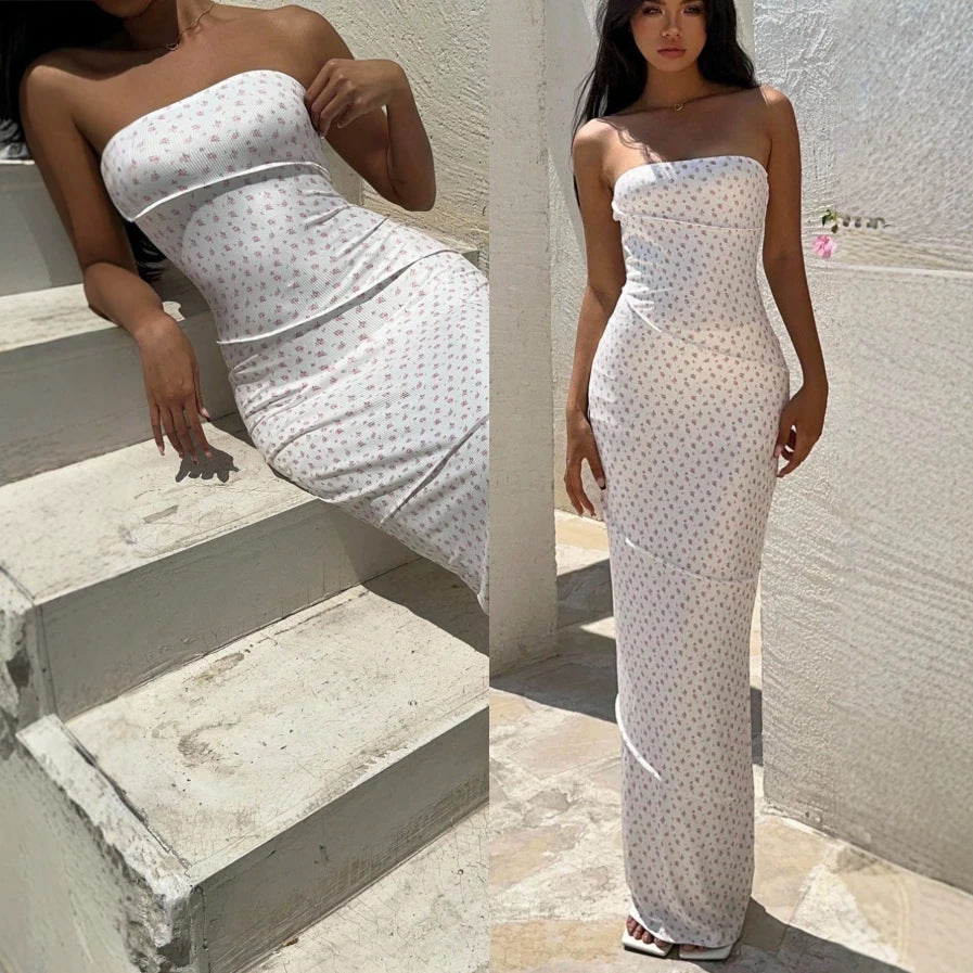 Damen Maxikleid mit floralem Muster und elegantem Bandeau-Ausschnitt EB