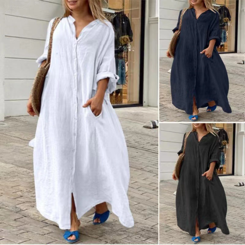 EB | Einreiher Baumwoll-Leinen Plus Size Langkleid