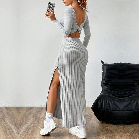 Damen figurbetontes geripptes Maxikleid mit quadratischem Ausschnitt und seitlichem Beinschlitz Eichborn Berlin