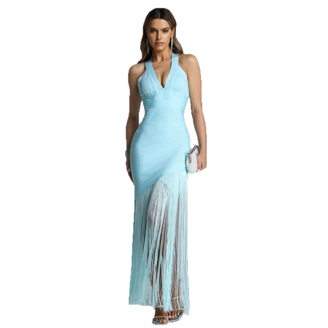 Damen Elegantes Minikleid mit raffinierten Fransen und tiefem V-Ausschnitt EB
