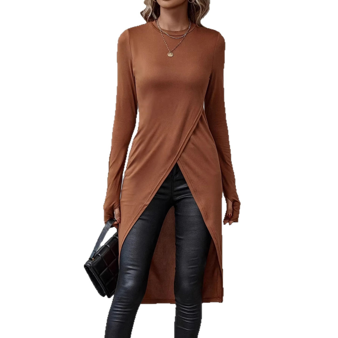 Damen Langes asymmetrisches Wickel-Tunika-Top mit Frontschlitz EB