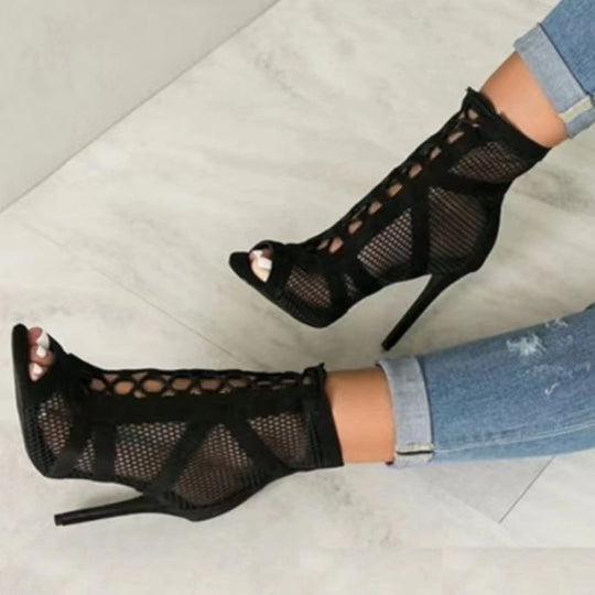 Damen Peep-Toe Stiefeletten mit luftiger Netzstruktur und hohem Absatz EB