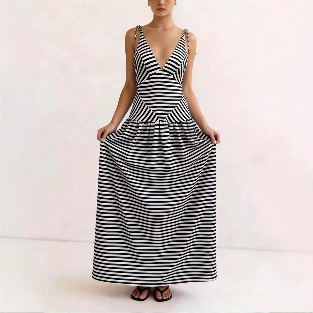Damen Maxikleid mit tiefem V-Ausschnitt und modernem Streifenmuster EB