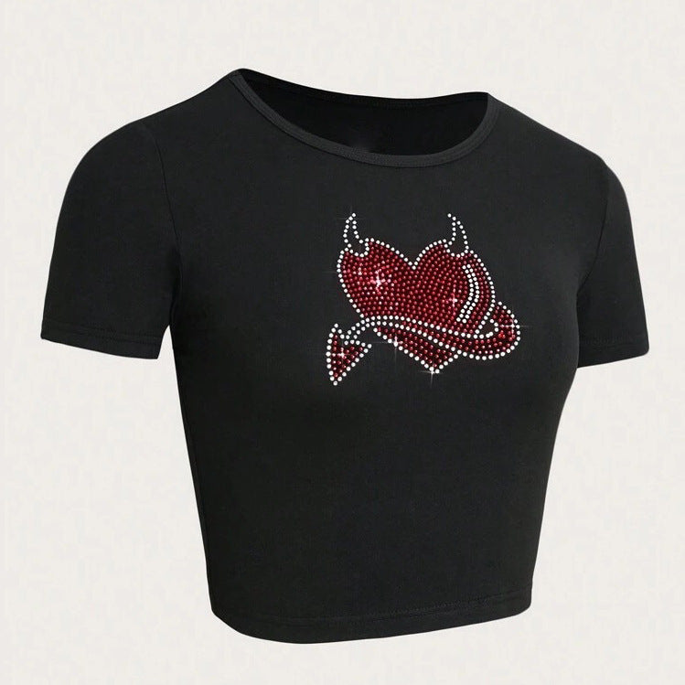 Damen Cropped T-Shirt mit kreativem Skelettdesign EB