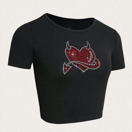 Damen Cropped T-Shirt mit kreativem Skelettdesign EB