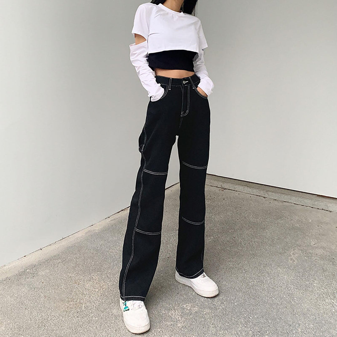 Damen weite Jeans mit modischen Kontrastnähten EB
