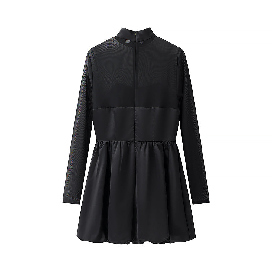 Damen elegantes Auftakt-Kleid mit transparenten Ärmeln und hohem Kragen EB