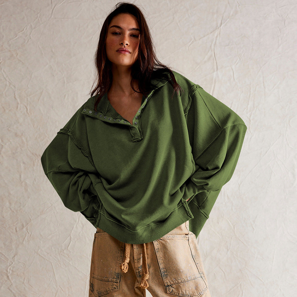 Damen Oversize Pullover mit Kragen und Druckknöpfen EB
