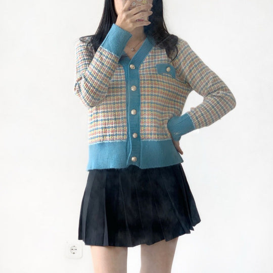Damen modischer Strickcardigan mit farbenfrohem Muster und Knopfleiste EB