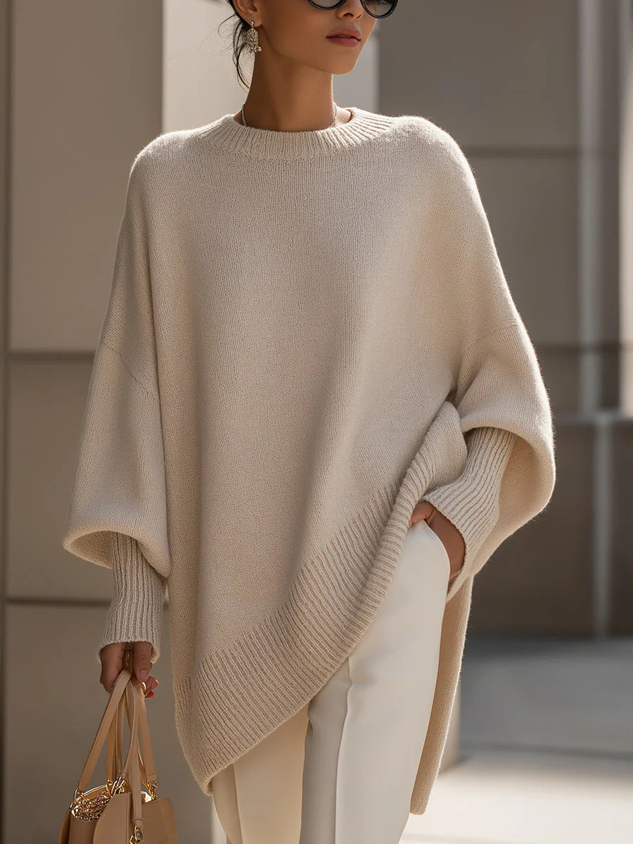 Damen nan Oversize Strickponcho mit asymmetrischem Saum und gerippten Ärmeln EB