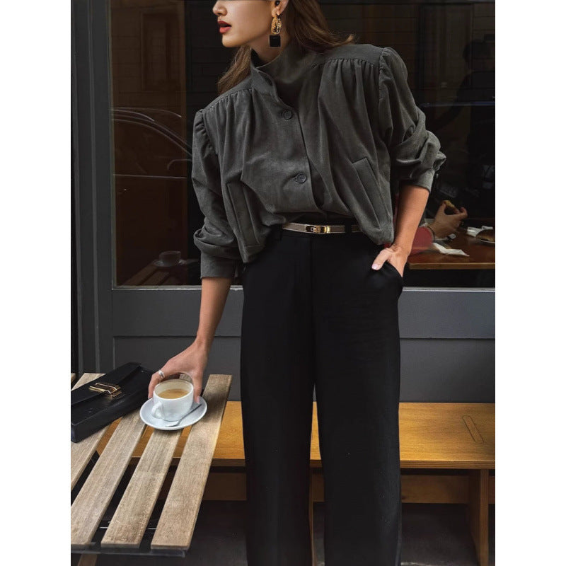 Damen elegante Jacke mit strukturierten Puffärmeln und Knopfdetail EB