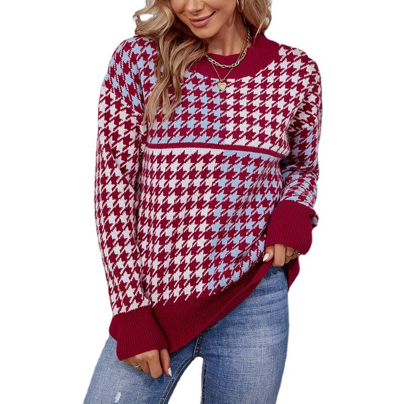 Damen kuscheliger Strickpullover mit trendigem Karomuster und weitem Schnitt EB