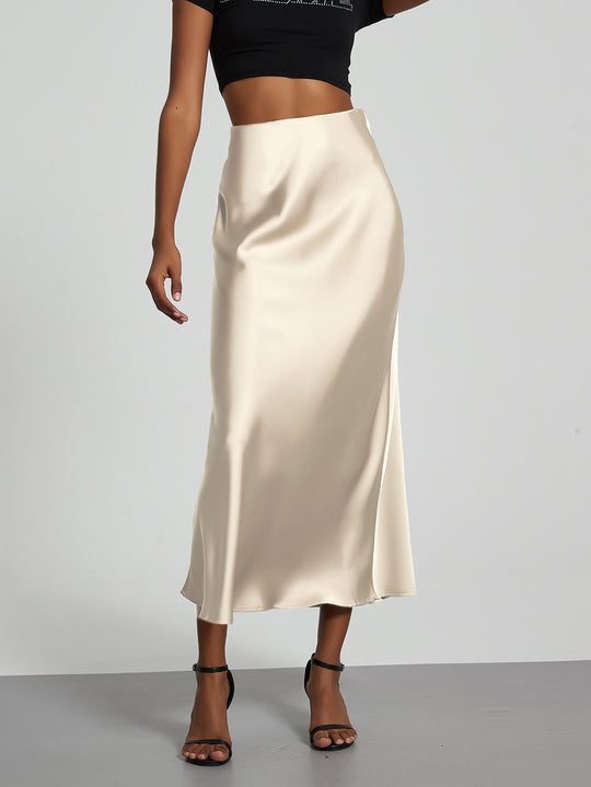 Damen Stilvolle Satin-Stretchrock mit hohem Bund und fließendem Schnitt EB