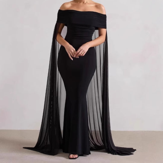 Damen Elegantes Off-Shoulder Abendkleid mit fließendem Transparenz-Cape und figurumspielendem Schnitt EB