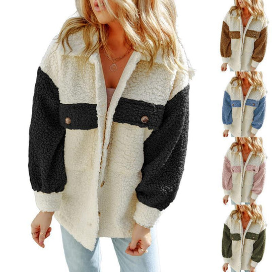Damen nan oversized Teddy-Hemdjacke mit Kontraststreifen, aufgesetzten Brusttaschen und sichtbarer Knopfleiste EB