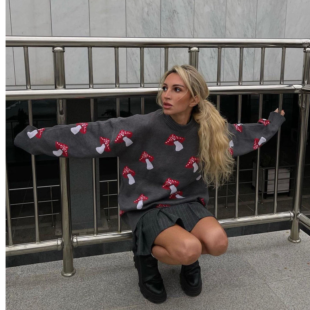 Damen Pullover mit verspielten Pilzstickereien EB