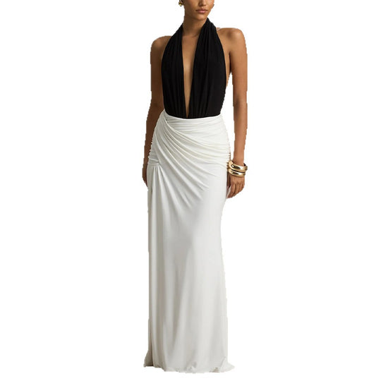 Damen Elegantes Maxikleid mit tiefem V-Ausschnitt und gerafftem Rock EB
