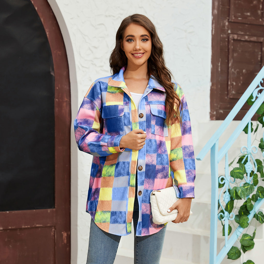 Damen Karierte Flanelljacke mit praktischen Taschen und oversize Schnitt EB