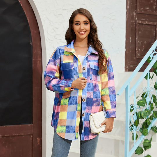 Damen Karierte Flanelljacke mit praktischen Taschen und oversize Schnitt EB