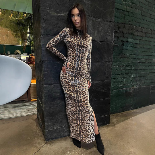 Damen Figurbetontes Maxikleid mit Leopardenmuster und hohem Schlitz EB
