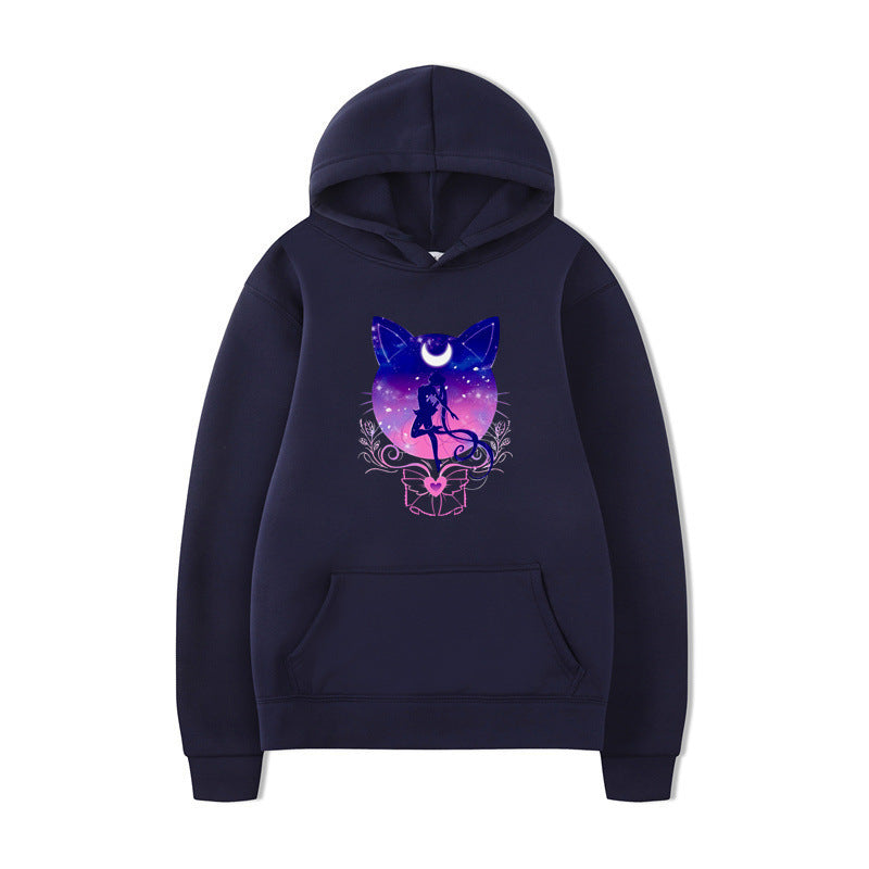 Damen Kapuzenpullover mit künstlerischem Katzenmotiv und bequemer Passform EB