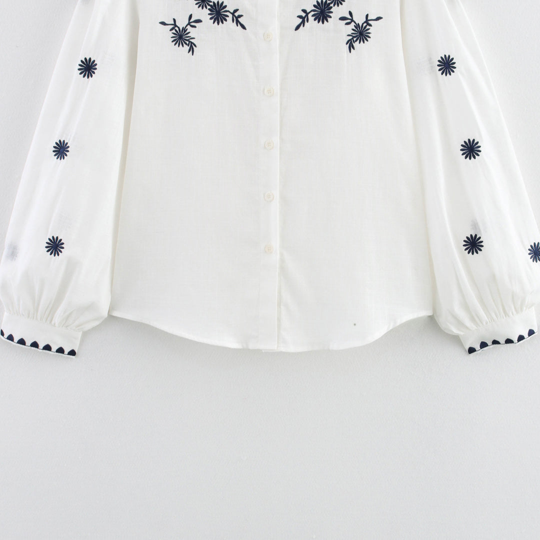 Damen Bestickte Bluse mit Stehkragen und langen Ärmeln EB