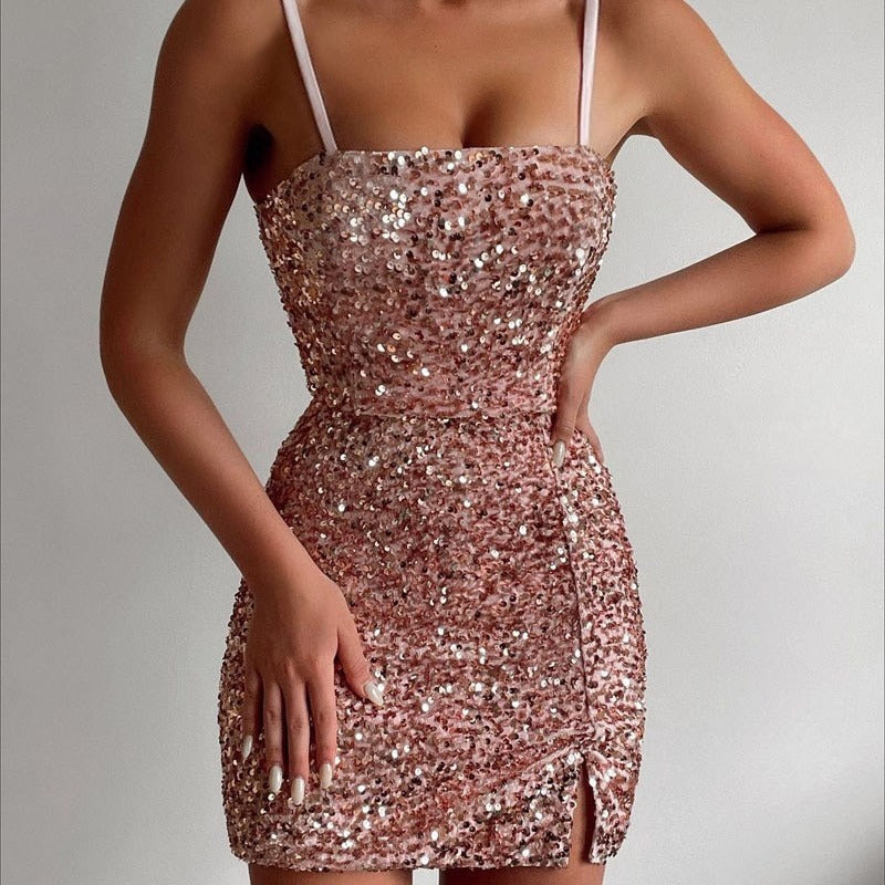 Damen Glamouröses Pailletten-Kleid mit Schlitzen und Spaghetti-Trägern EB