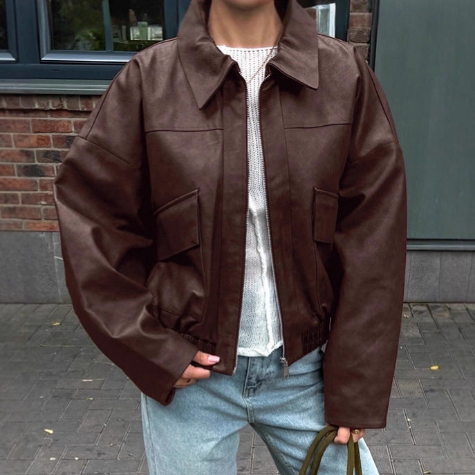 Damen Kunstlederjacke im leicht Oversized-Schnitt mit praktischen Taschen und elastischer Taille EB