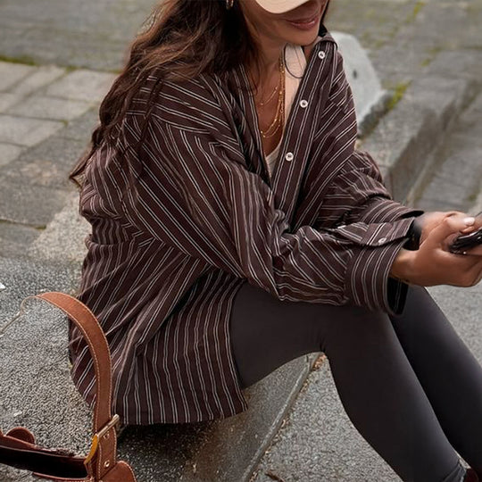 Damen nan lässiges Oversize-Hemd mit feinen Nadelstreifen, Hemdkragen und Brusttasche EB