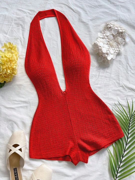 Damen Bodysuit mit tiefem V-Ausschnitt und strukturierter Oberfläche EB