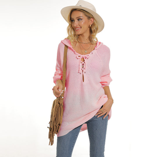 Damen lässiger Strickpullover mit einzigartigem Schnürdesign und lockerer Passform EB