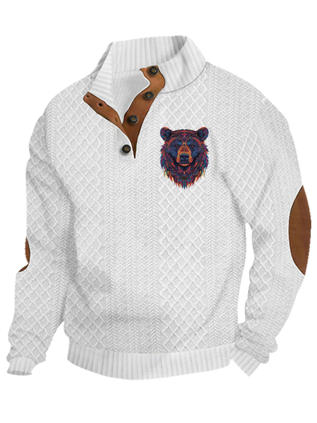 Herren nan Heritage-Strukturpullover mit Stehkragen Lederimitat-Besatz Ellenbogen-Patches und Halbknopfleiste EB