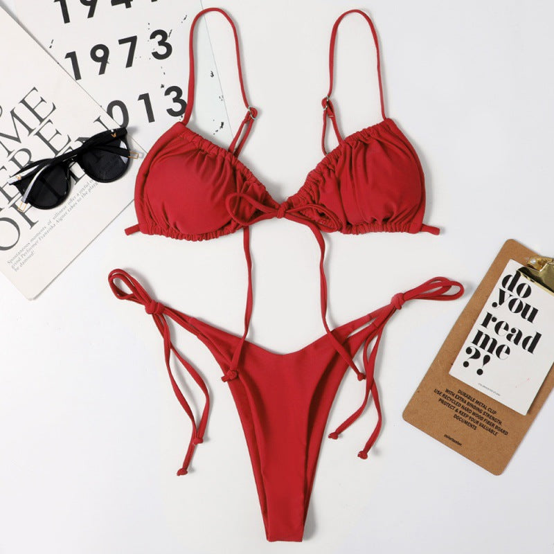 Damen Tiefer Ausschnitt Triangel-Bikini mit verspielten Bindebändern EB