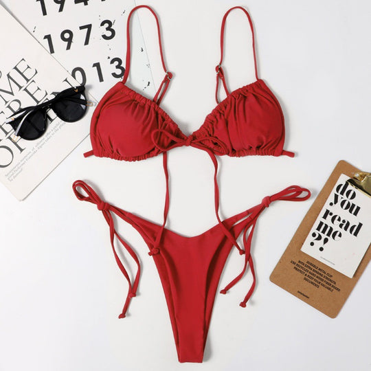 Damen Tiefer Ausschnitt Triangel-Bikini mit verspielten Bindebändern EB