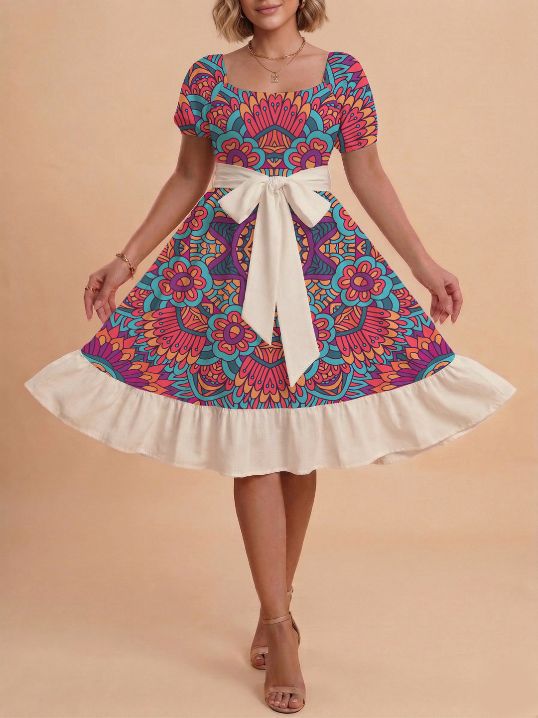 Damen A-Linien-Kleid mit floralen Motiven und taillierbarem Gürtel EB