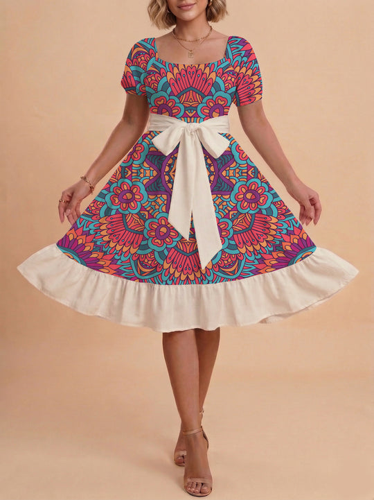 Damen A-Linien-Kleid mit floralen Motiven und taillierbarem Gürtel EB