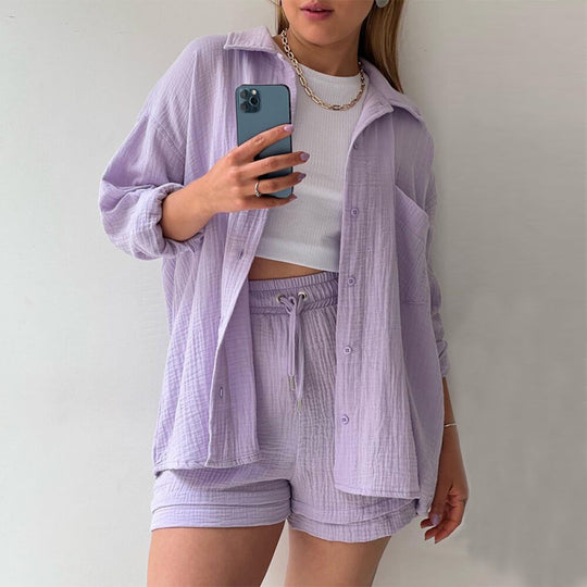 Damen gemütliches Kurzarm-Hemd mit passender Shorts EB