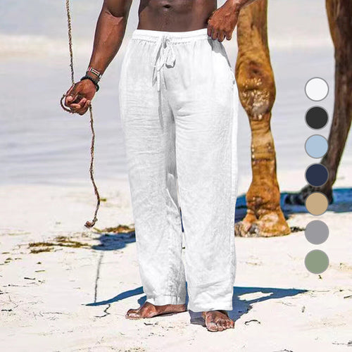 Herren lässige Strandhose aus leichtem Leinenstoff mit elastischem Bund und Kordelzug EB