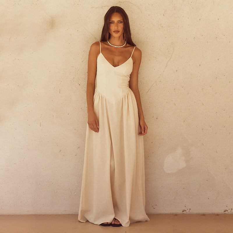 Damen elegantes Maxikleid mit zartem V-Ausschnitt und fließendem Rock EB