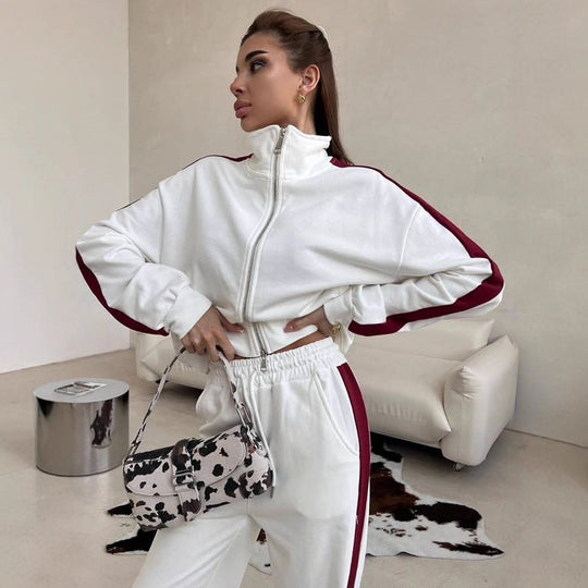 Damen Relaxed-Loungewear-Set mit kurzem Zip-Hoodie und weiter Palazzo-Jogginghose mit Seitenpaspel EB