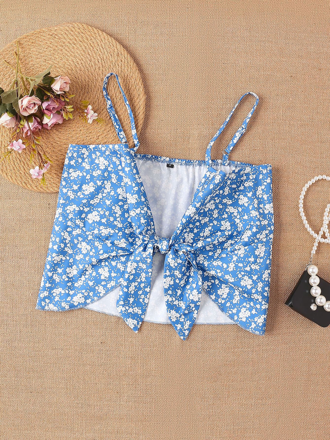 Damen Crop-Top mit floralen Rüschendetails und Schleifenbund EB