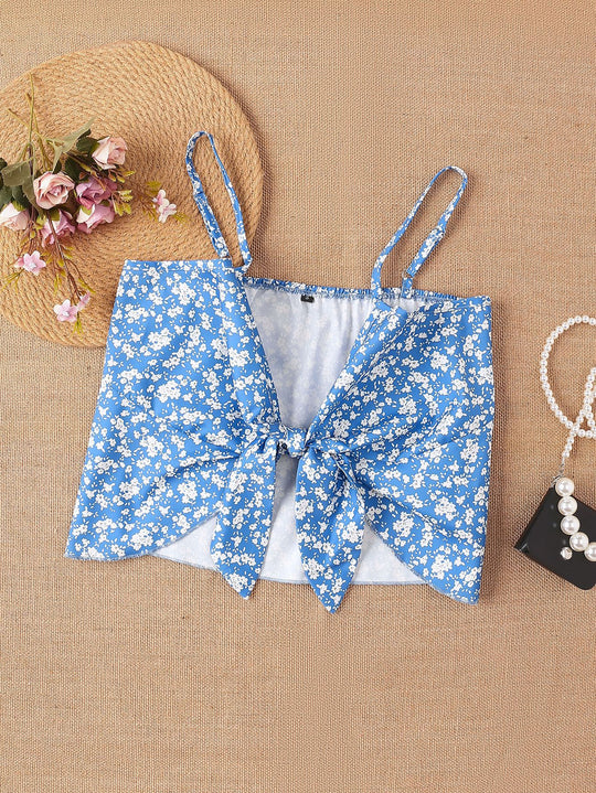 Damen Crop-Top mit floralen Rüschendetails und Schleifenbund EB